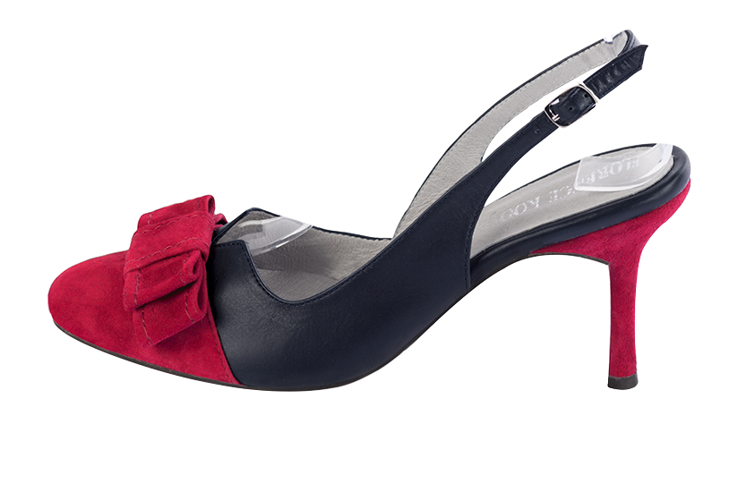 Cardinal red and navy blue women's open back shoes, with a knot. Round toe. High slim heel. Profile view - Florence KOOIJMAN